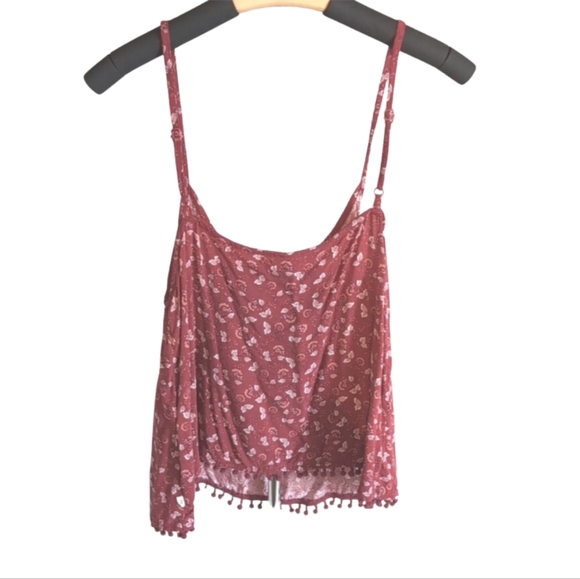 Harlow Red Boho Floral Tank Top | Size M Sleeveless Blouse with Pom Trim - Picture 8 of 8